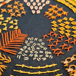 Könnte beinhalten: Nahaufnahme eines dunkelblauen Stoffes mit verschiedenen Stickstichen in Orange-, Gelb- und Cremetönen. Die Stickerei umfasst geometrische Muster, Linien und strukturierte Designs, die ein handgefertigtes Textilkunstwerk zeigen.