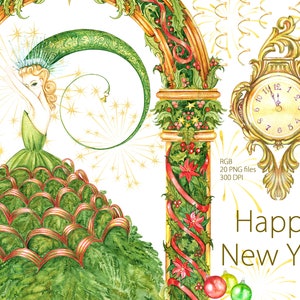 Clipart du Nouvel An, Aquarelle Winter Clipart, New Years Party, Illustration de mode, Vacances d’hiver Clipart, Jouets d’arbre de Noël, Montre d’or