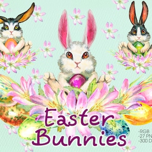 Easter clipart.Watercolor Bunny clipart PNG.Easter eggs.Flowers,rabbit.
