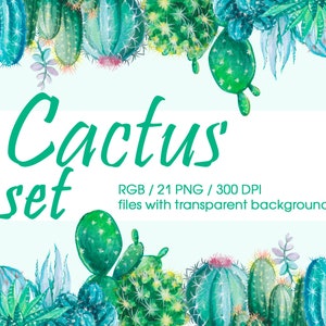 Conjunto de cactus. Cactus tropicales de acuarela. Imágenes prediseñadas de vegetación en acuarela. Marcos PNG. Composiciones de plantas. Imágenes prediseñadas botánicas.