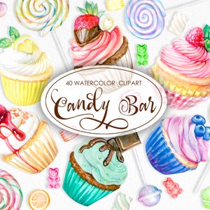 Candy Bar.Watercolor Clipart.Lollipop Candy.Cupcake Berry.Sweets.Marshmallow.Gummy Bear.Jelly Candy.Chocolates Sweets