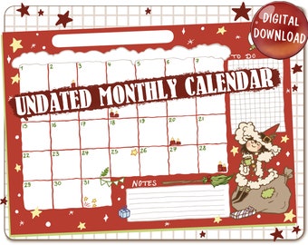 Undated Monthly Calendar Printable for December with cute Christmas Witch