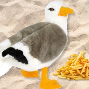 May include: A plush seagull toy with a white head, gray wings, and yellow beak and feet. A pile of french fries is next to the seagull. The seagull is on a sandy surface.