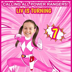 Roze Power Ranger verjaardagsuitnodiging, afdrukbare verjaardagsuitnodiging, digitale verjaardagsuitnodiging, Green Power Ranger uitnodiging