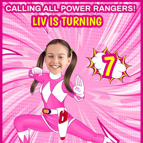 Pink Power Ranger Birthday invitation, Printable Birthday Invitation, Digital Birthday Invitation, Green Power ranger Invitation