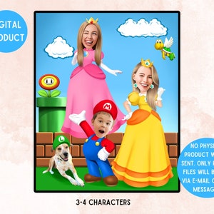 Super Mario und Familie Portrait, Mario Bros Vater Geburtstagsgeschenk, Mario Cartoon Portrait, personalisierte Karikatur (3-4 Zeichen)