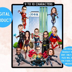 Superhelden Cartoons für Unternehmen (9 bis 10 Zeichen) Karikatur für Geschäft, individuelles Firmengeschenk, Abschiedsgeschenk, Geschenk für Chef