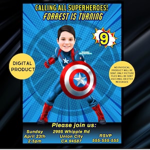 Captain America Geburtstagseinladung, Superhelden-Einladung, Captain America-Einladungskarte, Superhelden-Geburtstagseinladung