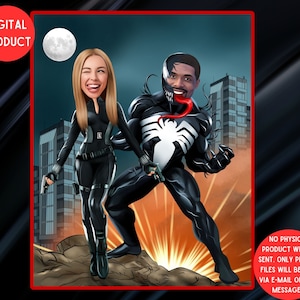 Paar Superhelden Portrait, Peraonlised Paar Illustration, Venom und Black Widow Geschenk für Paar, Jubiläumsgeschenk, digitale Datei
