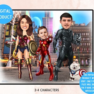 Superhelden Familie Digital Cartoon (3-4 Zeichen) Personalisierte Spiderman Wonder Woman Black Panther Karikatur Geschenk