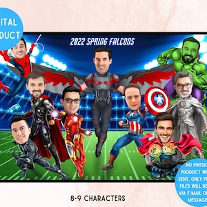 Superhelden-Sport-Team-Karikatur (8 bis 9 Zeichen) Fußball-Karikatur für Freunde, benutzerdefiniertes Firmengeschenk, Abschiedsgeschenk für Trainer