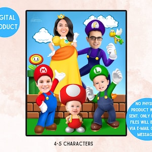 Super Mario and Family Portrait, Mario Bros Father Birthday Gift, Mario Cartoon Portrait, Personalised Caricature (4-5 characters)