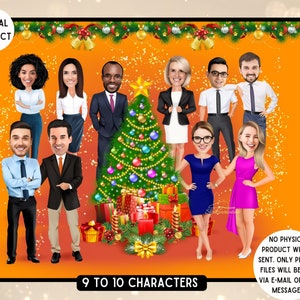 Custom Christmas Big Company Portrait Gift (9-10People) Xmas Business Team Cartoon Caricature, Greeting Card Employees cartoon gift