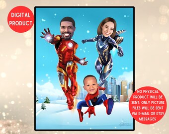 Julklapp med superhjältekarikatyr till familjen, personlig familjetecknad serie, julgranskulor, julklapp till maken, julklapp till frun |3Faces
