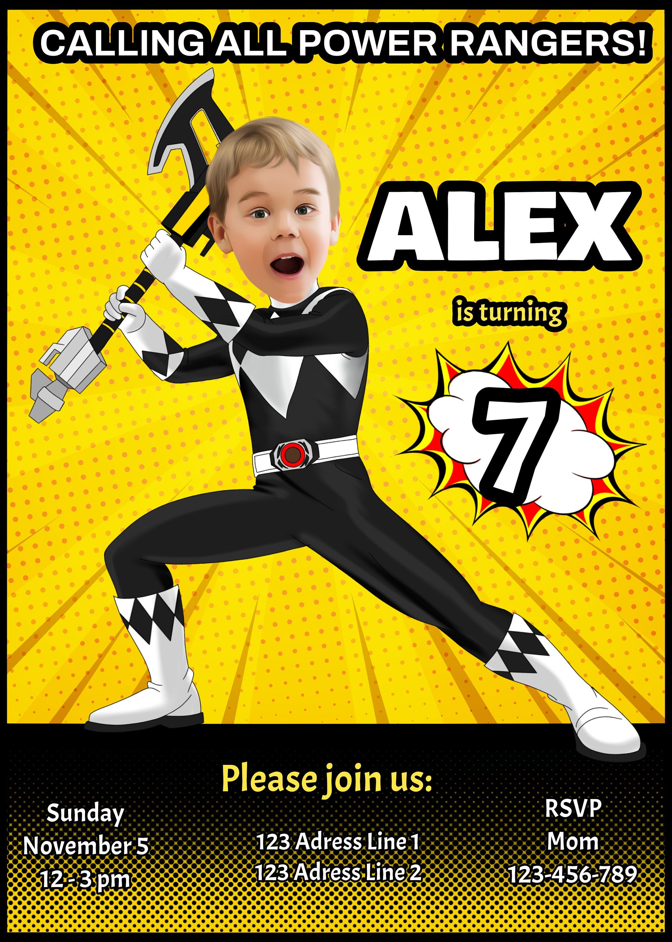 Black Power Ranger Birthday invitation Printable Birthday Invitation Digital Birthday Invitation Green Power ranger