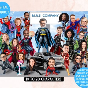 Caricaturas personalizadas para empresa (19-20 caracteres) Caricatura de superhéroe para negocios, retrato de grupo grande de empresa personalizado, regalo de despedida