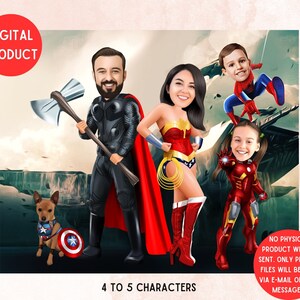 Superhelden Familie Digital Cartoon (4-5 Zeichen) Personalisierte Super Familie Karikatur Geschenk, Vatertag Cartoon Geschenk, Großvater Für Geschenk