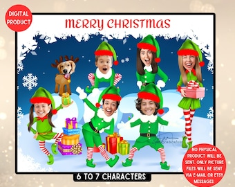 Tarjeta de Navidad de elfo familiar, tarjeta de felicitación de Navidad, caricatura familiar divertida, dibujos animados divertidos de elfos, regalo de felices fiestas / 6-7 caras