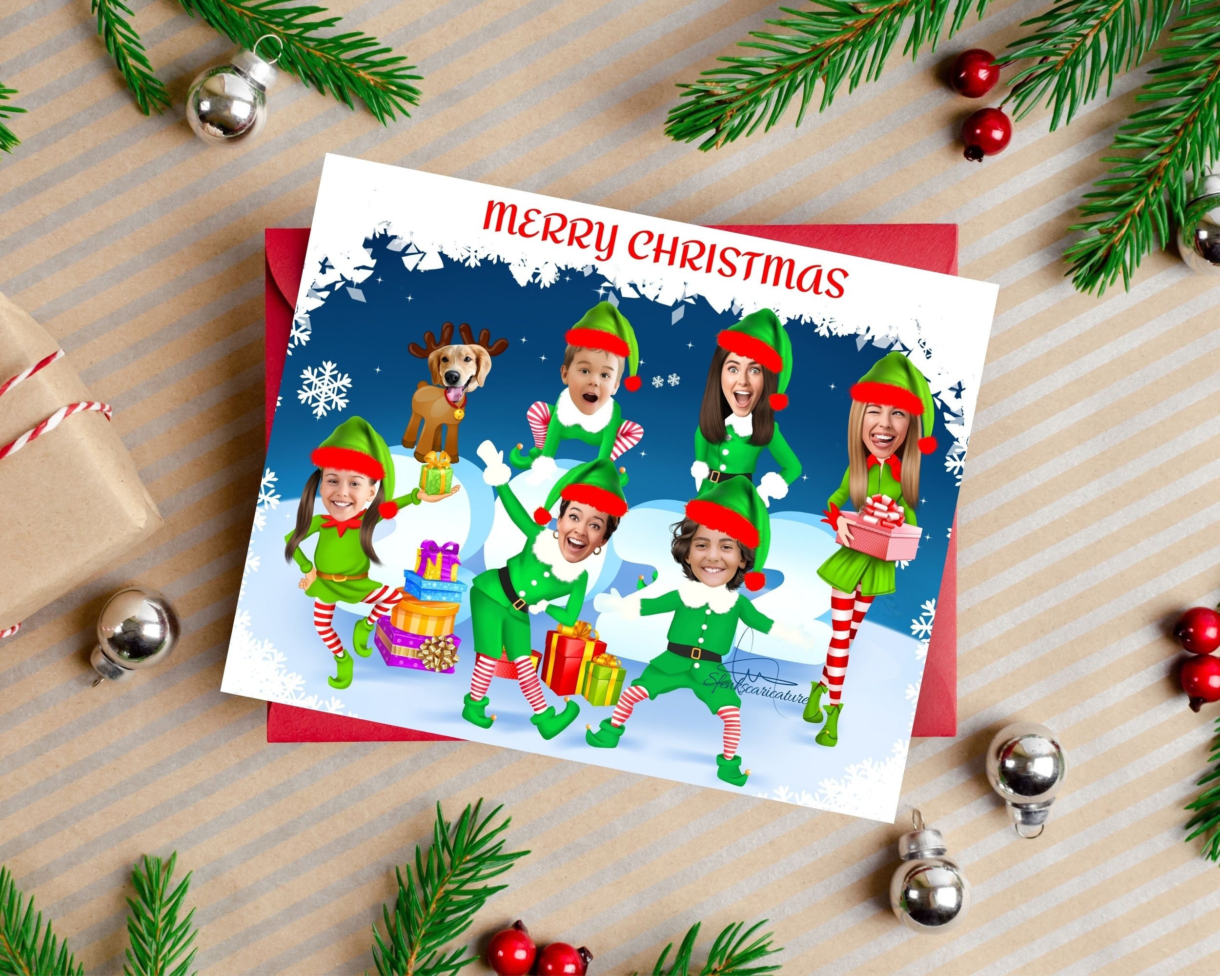 Family Elf Christmas Card, Xmas Greeting Card, Fun Family Caricature ...