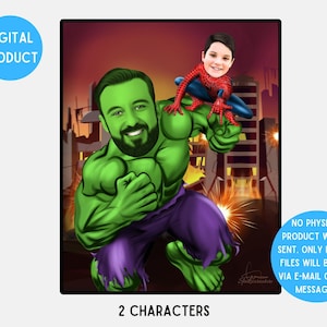 Unglaubliche Hulk Dad CARTOON Portrait Geschenk, Spiderman Karikatur, benutzerdefinierte Vater und Kind Portrait personalisierte Superheld Dad Art, printable