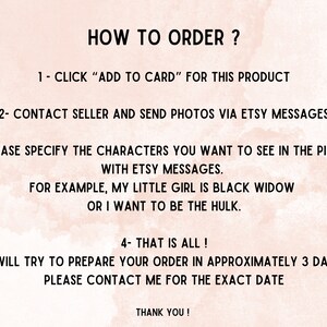 Puede incluir: Instrucciones de texto sobre c&oacute;mo pedir una ilustraci&oacute;n personalizada. Las instrucciones incluyen los pasos para agregar el producto al carrito, ponerse en contacto con el vendedor, especificar los personajes que desea ver en la imagen y confirmar que el pedido se preparar&aacute; en aproximadamente 3 d&iacute;as. El texto tambi&eacute;n incluye la frase "&iexcl;Gracias!"