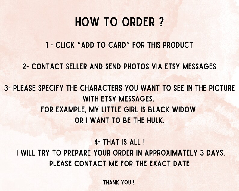 Puede incluir: Instrucciones de texto sobre c&oacute;mo pedir una ilustraci&oacute;n personalizada. Las instrucciones incluyen los pasos para agregar el producto al carrito, ponerse en contacto con el vendedor, especificar los personajes que desea ver en la imagen y confirmar que el pedido se preparar&aacute; en aproximadamente 3 d&iacute;as. El texto tambi&eacute;n incluye la frase "&iexcl;Gracias!"