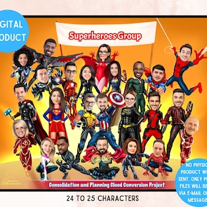 Gruppenporträt mit Superhelden-Thema - Lustige Unternehmens- oder Abschiedsgeschenkidee (24-25 Zeichen) Superhelden-Karikatur zum Ruhestand