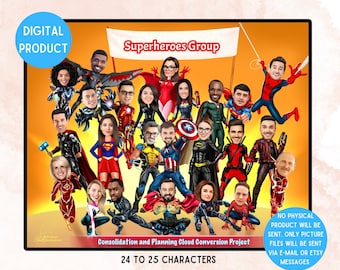 Superhero-Themed Group Portrait – Fun Corporate or Farewell Gift Idea (24-25 characters) Superhero Caricature for Retirement
