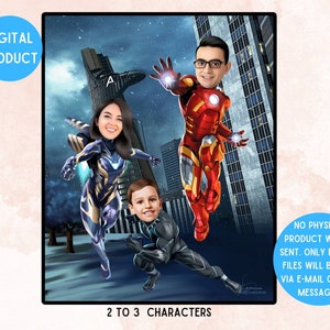 Father&#39;s Day Cartoon Gift, (2-3 Characters) Custom Family Portrait , Personalized Superheroe Dad  Cartoon, Caricature Gift for Father