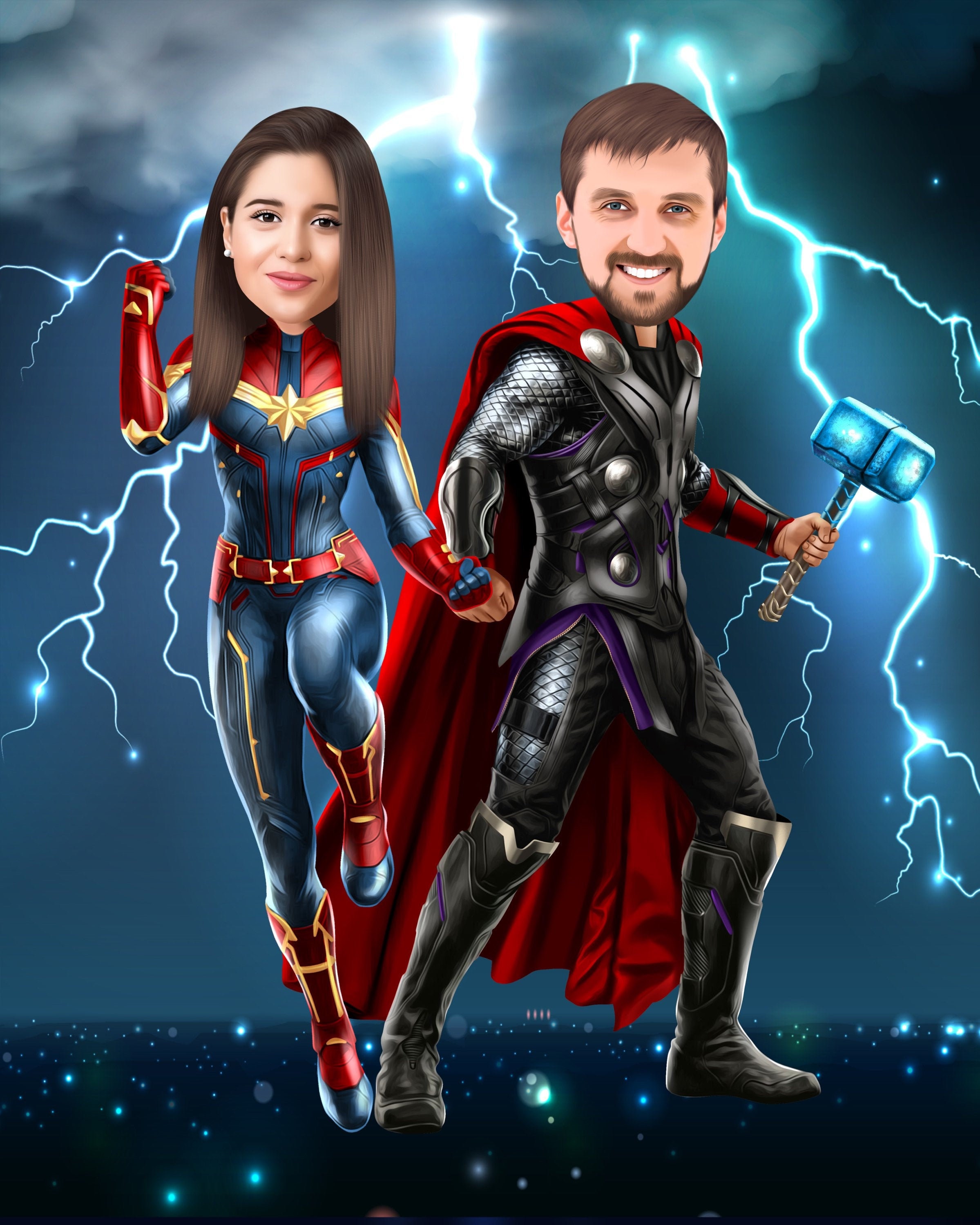 Custom Thor and Captain Marvel, Personalized Superhero Couple Caricature Cartoon, Avengers Cartoon Gift for Wife and Husband Custom Thor and Captain Marvel, Personalized Superhero Couple Caricature Cartoon, Avengers Cartoon Gift for Wife and Husband