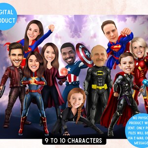 Dibujos animados de despedida de superhéroes personalizados para empresa (9 a 10 caracteres) Caricatura digital para negocios, regalo de empresa personalizado, regalo de jubilación