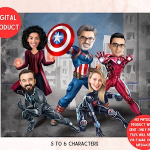 Superhelden Familienporträt (5-6 Zeichen) Personalisierte Super Spaß Familie Cartoon, Karikatur Geschenk Super Familie, Digitales Geschenk Vatertag