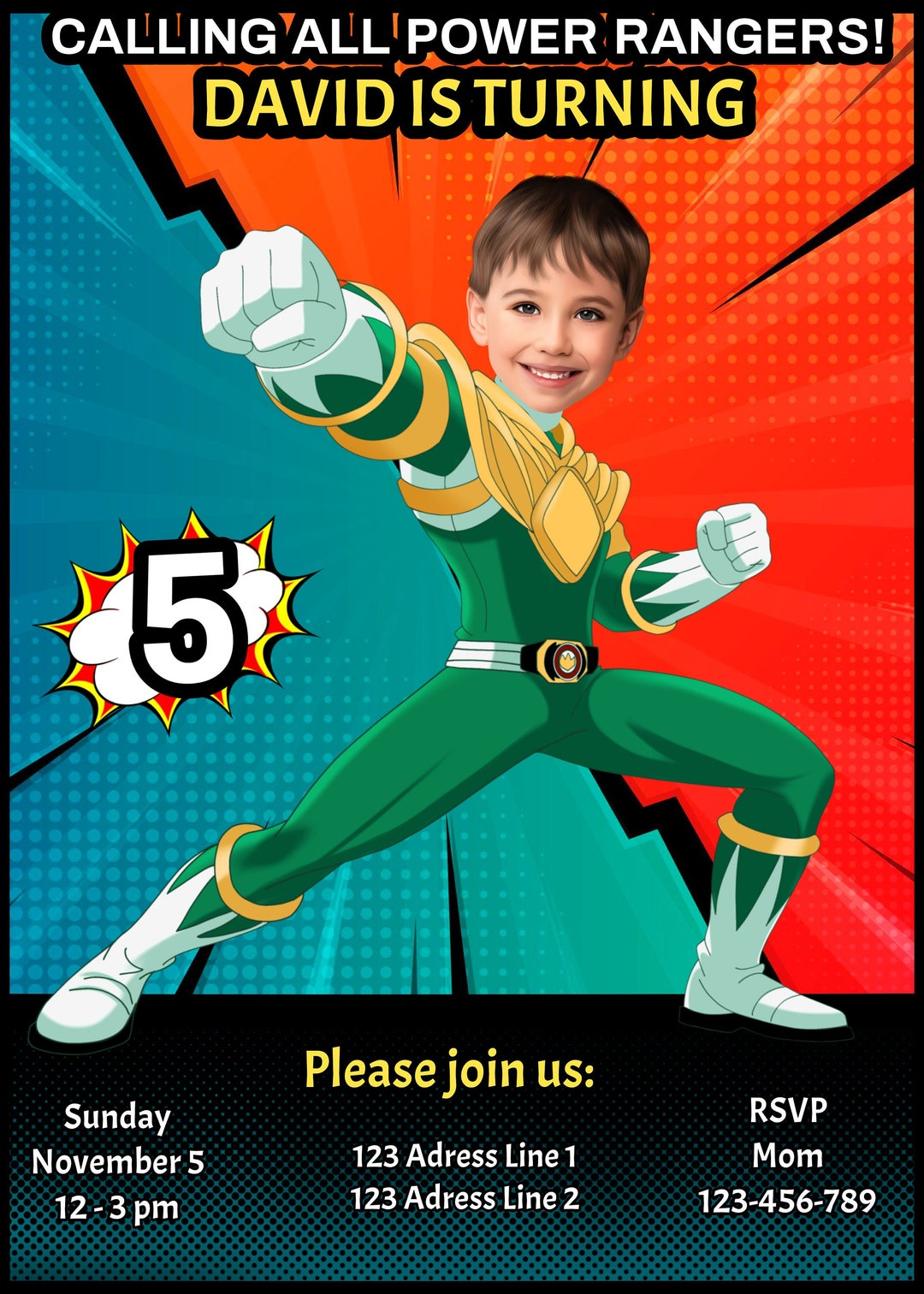 Invitación de cumpleaños de Power Ranger, invitación de cumpleaños ...