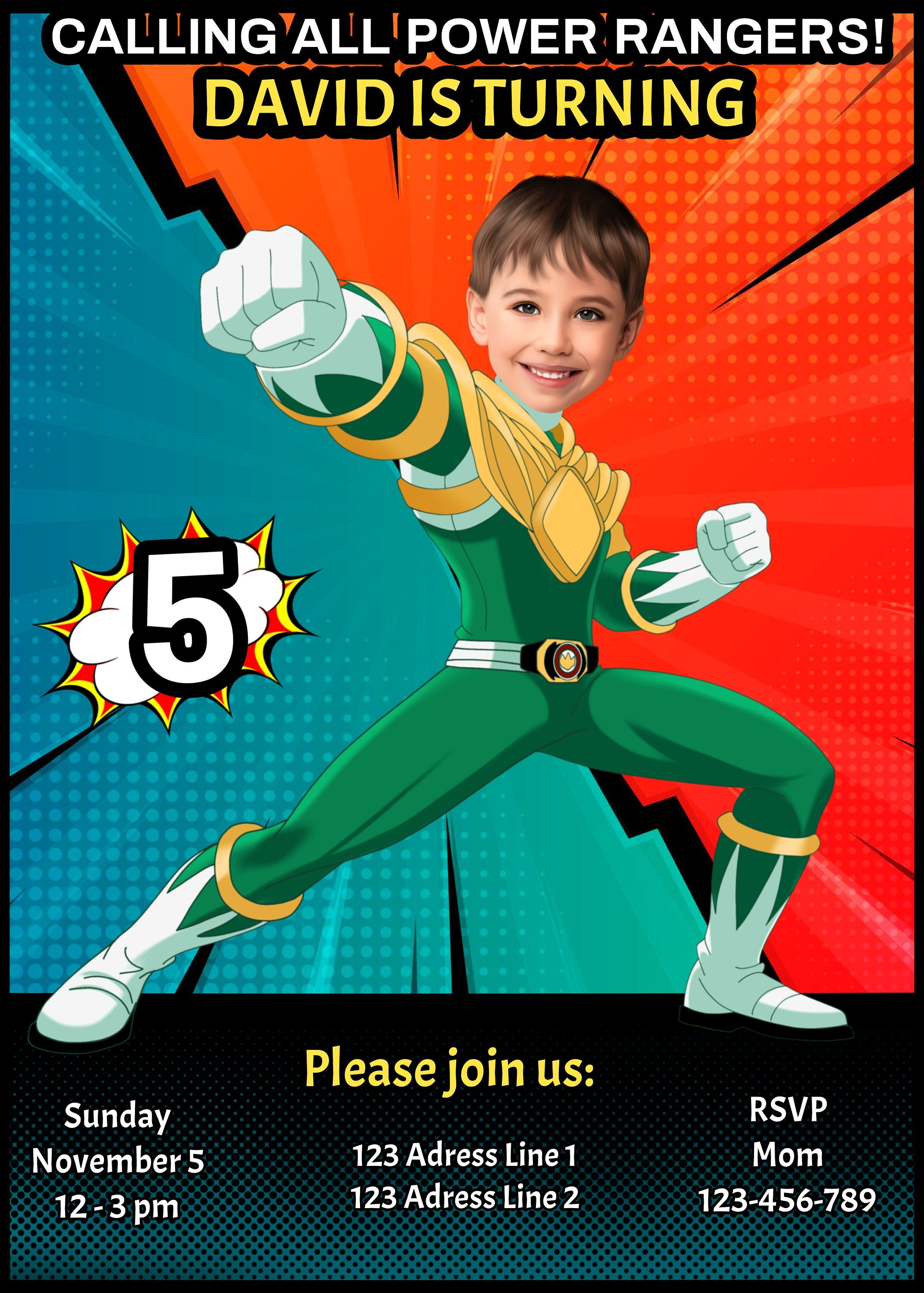 Power Ranger Birthday invitation Printable Birthday Invitation Digital Birthday Invitation Green Power ranger Invitation