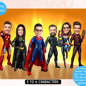 Personalisierte Gruppe Superhelden Firma Büro Cartoon (5 bis 6 Zeichen) Karikatur für Geschäft, individuelles Ruhestandsgeschenk, Abschiedsgeschenk