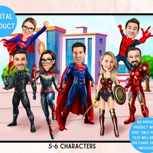 Caricatura de super-heróis de médicos, presente de desenhos animados para funcionários do hospital, retrato divertido de desenhos animados de enfermeiras de super-heróis (5-6 caracteres)