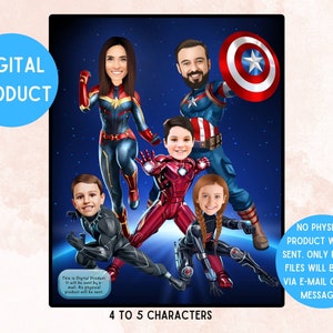 Superhelden Familienurlaub Karikatur Portrait (4-5 Zeichen) Personalisiert Spaß Super Familientreffen Cartoon, Vatertag Cartoon Geschenk