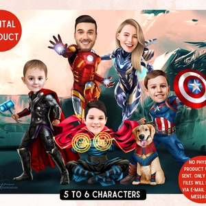 Benutzerdefinierte Familie Superhelden Portrait (5-6 Zeichen) personalisierte Super Familie Cartoon, Karikatur Geschenk für Super Familie, digitales Geschenk Vater
