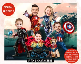 Custom Family Superheroes Portrait (5-6 characters) Personalised Super Family Cartoon, Caricature Gift For Super Family, Digital Gift Father