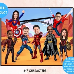 Company Meeting  Superheroes Cartoon gifts, Personalised Business Group Caricature, Work Team Reunion Digital Cartoon (6-7 characters)