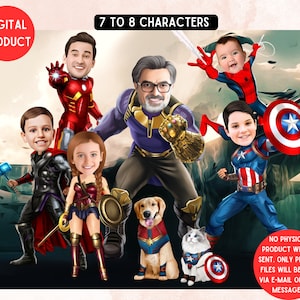 Benutzerdefinierte Familie Superhelden Portrait (7-8 Zeichen) personalisierte große Familie Cartoon, Karikatur Geschenk für Superfamilie, digitales Geschenk Vater