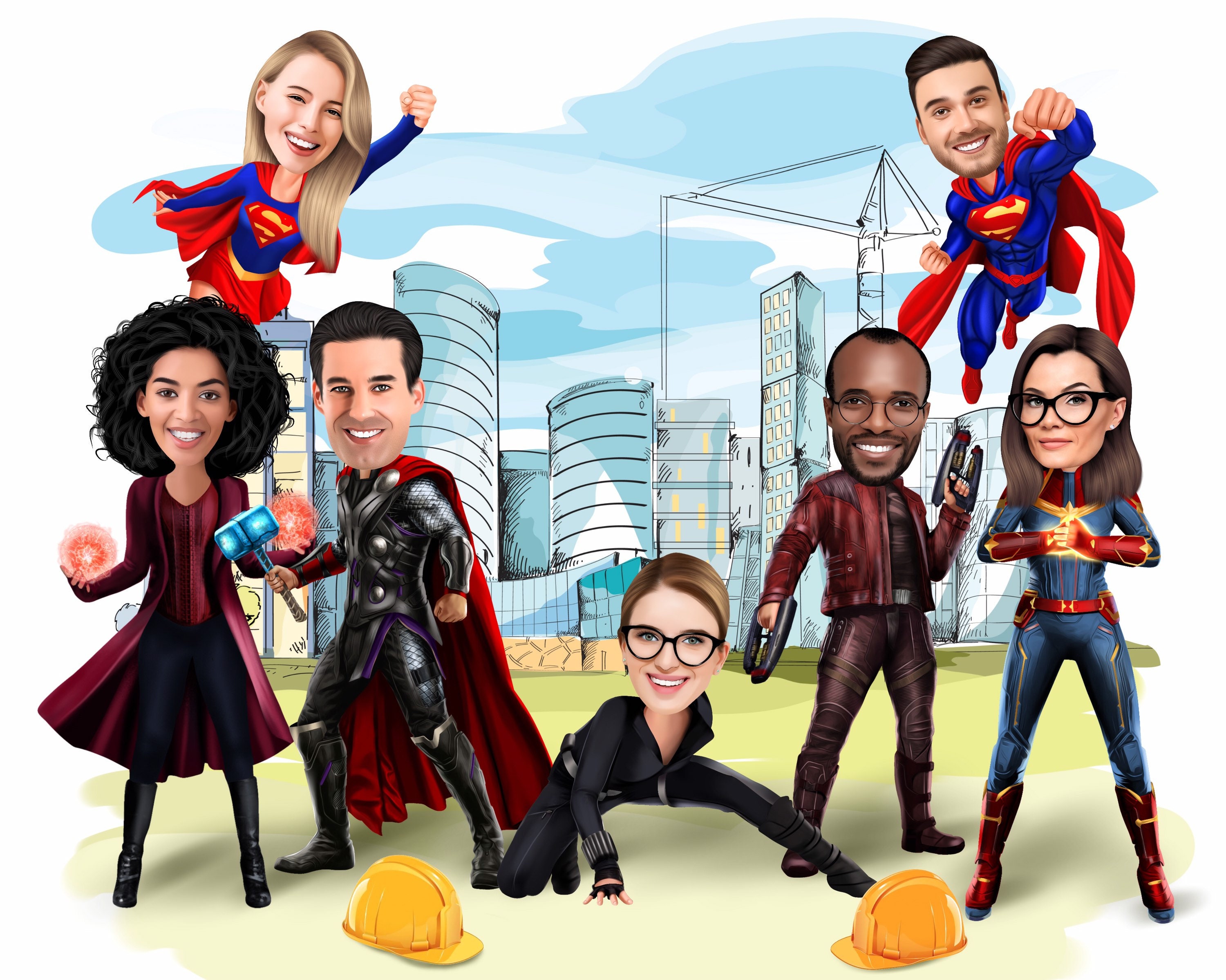 Custom Company Superheroes Portrait Large Family Cartoon | Etsy