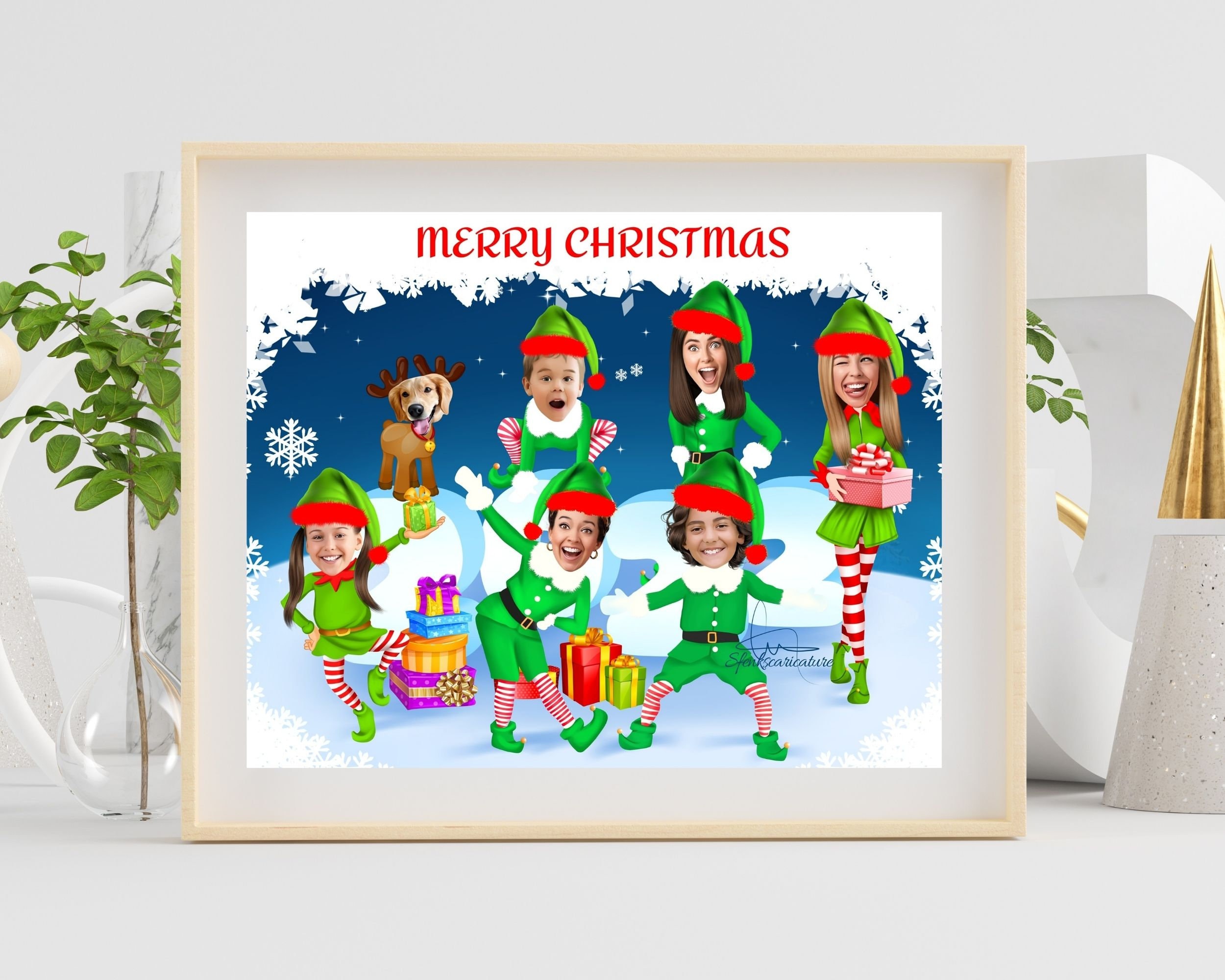 Family Elf Christmas Card, Xmas Greeting Card, Fun Family Caricature ...