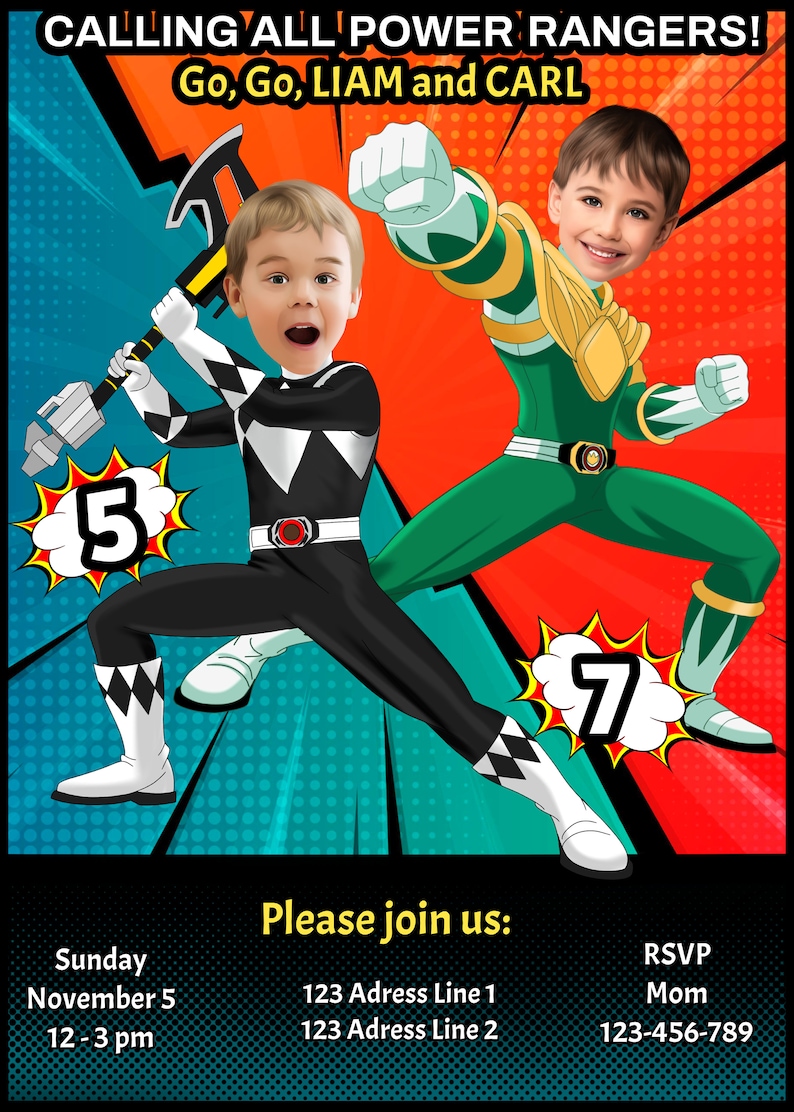 Puede incluir: Una invitaci&oacute;n a una fiesta de cumplea&ntilde;os con dos ni&ntilde;os disfrazados de Power Rangers. El ni&ntilde;o de la izquierda est&aacute; vestido como el Power Ranger negro y el ni&ntilde;o de la derecha est&aacute; vestido como el Power Ranger verde. La invitaci&oacute;n incluye el texto "Calling all Power Rangers! Go, Go, Liam and Carl" y la fecha y hora de la fiesta.