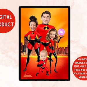 Unglaubliche Familie Digital Cartoon (4-5 Zeichen) Personalisiert Roter Anzug Familienkarikatur Geschenk, Vatertag Cartoon Geschenk