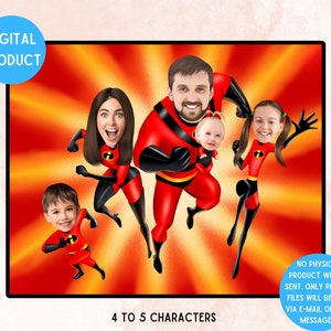 Unglaubliche Familie Digital Cartoon (4-5 Zeichen) Personalisiert Roter Anzug Familienkarikatur Geschenk, Vatertag Cartoon Geschenk