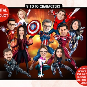 Personalisierte Superhelden Abschied Cartoons für Unternehmen (9 bis 10 Zeichen) Karikatur für Geschäft, individuelles Firmengeschenk, Ruhestandsgeschenk