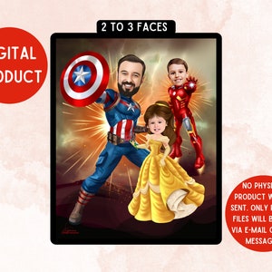 Benutzerdefinierte Familie Superhelden Portrait (2-3 Zeichen) personalisierte Prinzessin Cartoon, Karikatur Geschenk für Superfamilie, digitales Geschenk Vater