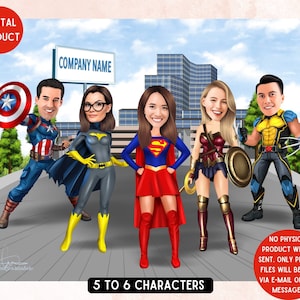 Superhero Company Group Illustration – Unique Digital Retirement Gift, Caricature for Business, Farewall Gift, Gift for Boss (5-7 faces)