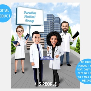 Personalized Doctors Caricature, Custom Chief Physician Cartoon Gifts, Surgeon Gift, Doctor Graduation Gifts, Digital Download (4-5 people)